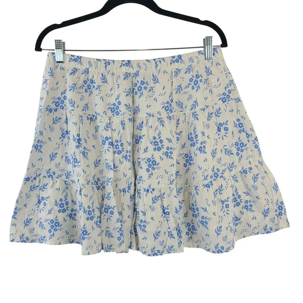NEW Sincerely Jules Blue Floral Tiered Mini Skirt Rayon-Linen Blend Womens Sz L - Picture 8 of 8